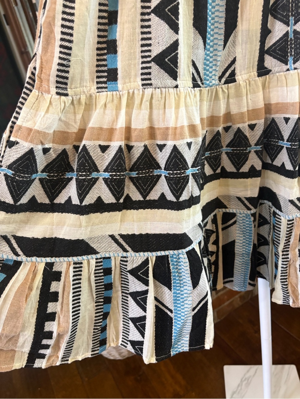 Elan Beige & Black Striped Geometric Midi Dress with Light Blue Accents - Picture 6 of 8